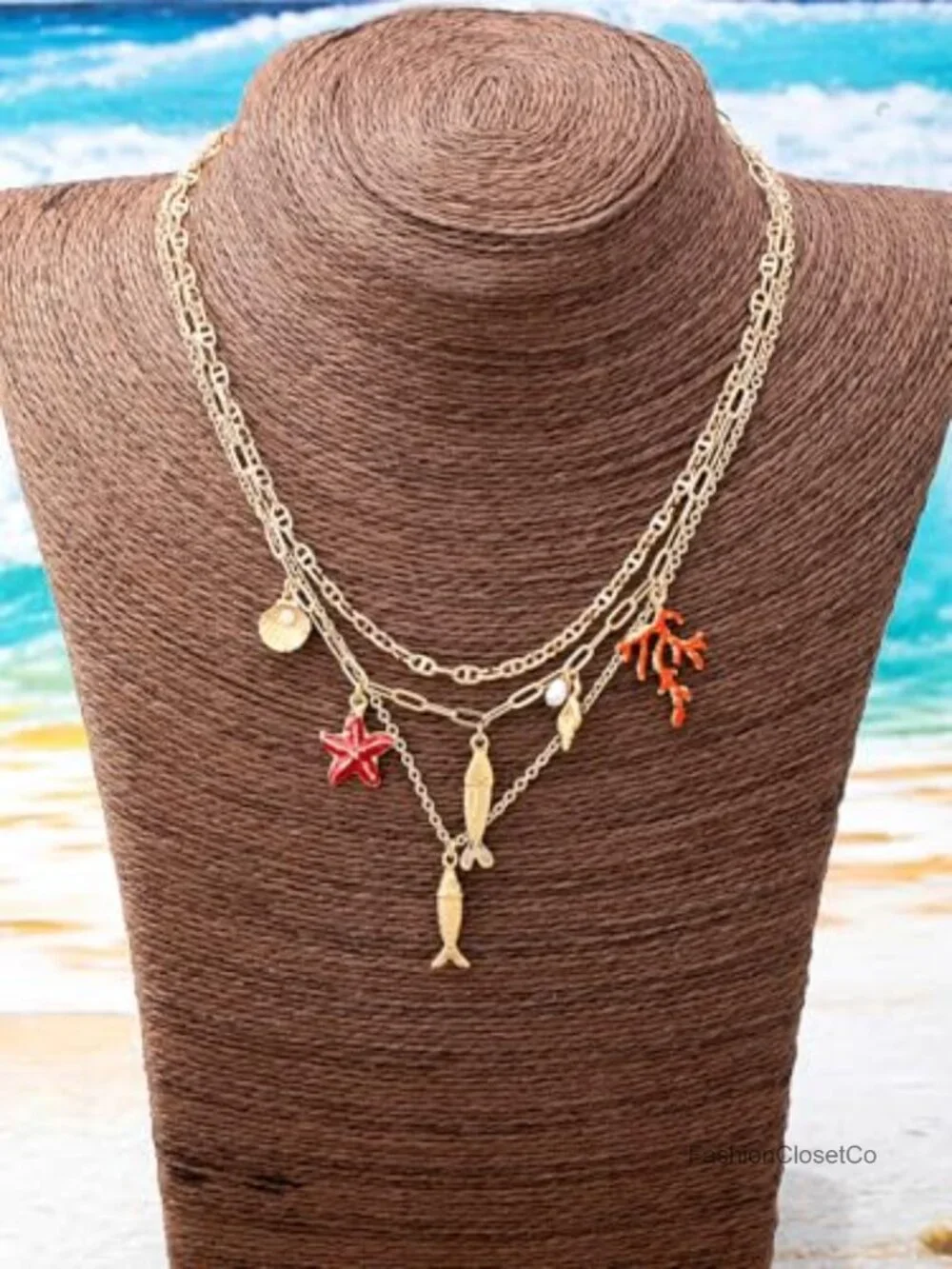 Layered Ocean Charm Necklace Multi Row Fish Starfish Shell Coral Pendant